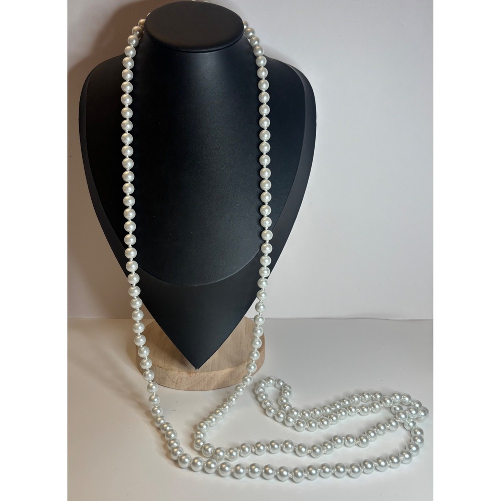 Vintage Glass Pearl Flapper Rope Necklace 60 Inch Hand Knotted 8mm Beads White